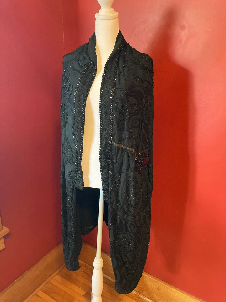 Edwardian Flapper Antique Black Hand Beaded Opera Cape Art Nouveau Evening Wrap - Image 3 of 4