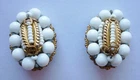 Earring Signed Miriam Haskell White Glass Beads Gold Tone Clip On Vintage