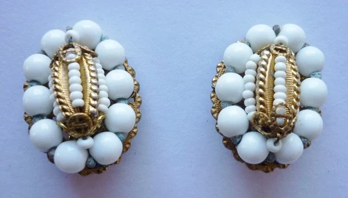 Earring Signed Miriam Haskell White Glass Beads Gold Tone Clip On Vintage