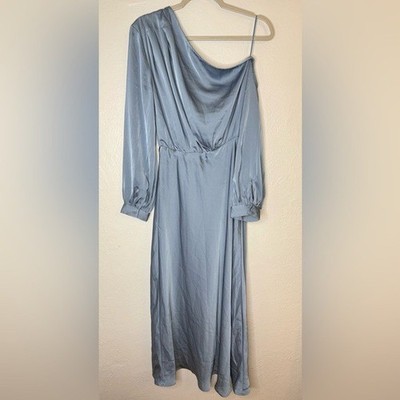 slate blue off the shoulder dress Celeste Slate Blue Satin Midi Dress: One Shoulder Ruched Tea Length