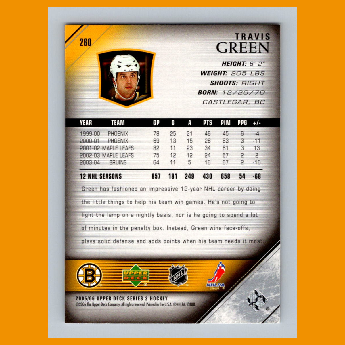 Travis Green #260 2005 Upper Deck Boston Bruins Hockey Card NHL NM