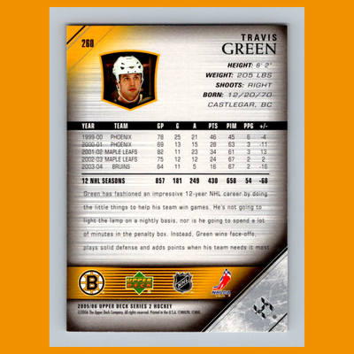 Travis Green #260 2005 Upper Deck Boston Bruins Hockey Card NHL NM