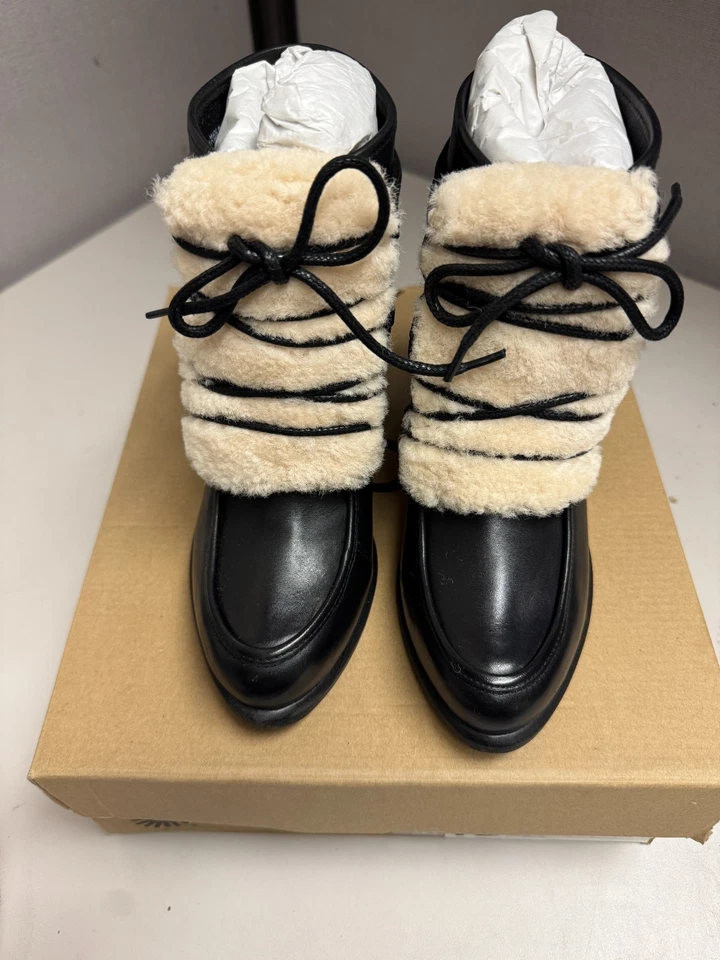UGG Mujer Analizado Piel Expuesta Cuero Negro Bota Tacón Talla 6 Totalmente Nuevo Foto 4 de 4
