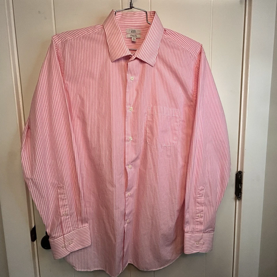 Camisa Croft & Barrow Para Hombres XL 17-17.5 Abotonada Manga Larga Rosa Blanco Rayas Foto 2 de 4
