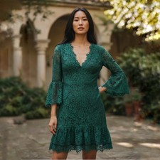 Eliza J Hunter Green Floral Lace Bell Sleeve Ruffle Hem Dress Size 10