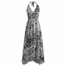 Grass Collection Animal Print Halter Maxi Dress Zebra Leopard Black Gray Size M