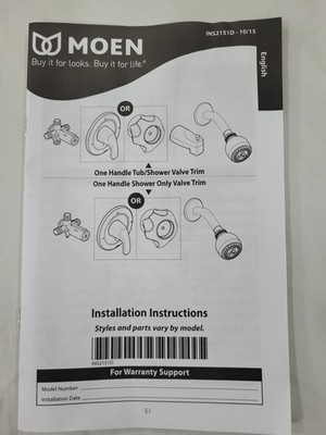 Moen 82603SRN Adler Pressure Balanced Shower Tub Installation Instruction Manual