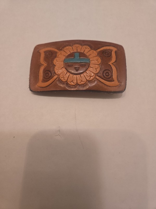 Vintage Zuni Sun Face Leather Southwestern Brown Turquoise Belt Buckle