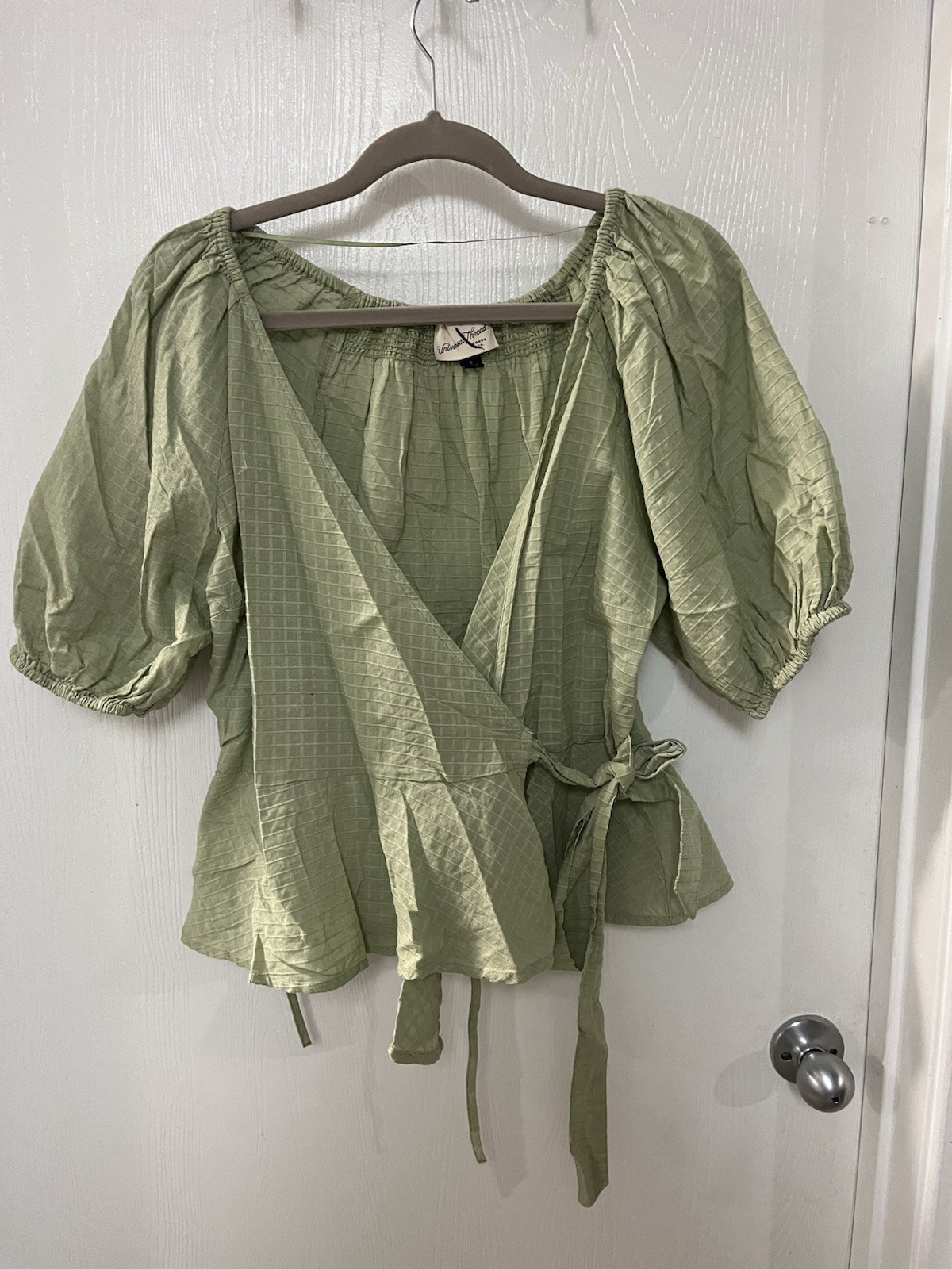 Universal Thread Green Wrap Blouse Puff Sleeve V-… - image 1