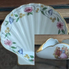 Pair Limoges France Porcelain Trinket Shell  Soap Dish Gold Leaf Floral Ashtray
