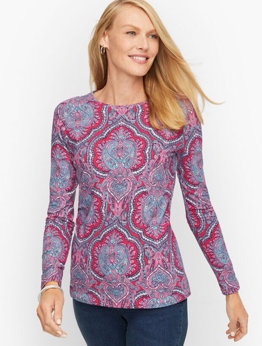 The Talbots Tee Women's Multicolor Bright Paisley Pink Long Sleeve Top Size P