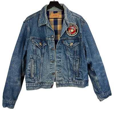 Vintage Levis 70411 Mens Lined Denim Trucker Jacker US Marine Corps Patch - 46