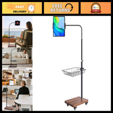 Adjustable Floor Tablet Stand with Rolling Base, Flexible Gooseneck, Wood Platfo