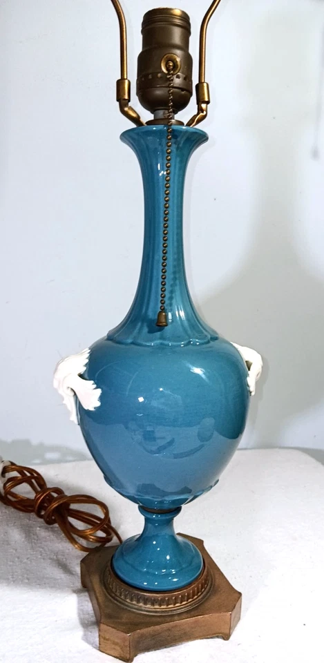 Antique/Vintage Blue Lenox Porcelain Table Lamp Lion Head Embellishments - Image 2 of 4