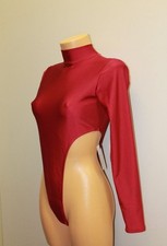 Women Thong Leotard 130-94 High Collar High Open Thig Dark Red Spandex Size M