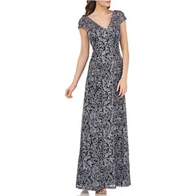 JS Collections Women's Formal Dress Size 6 Blue Lace Short Sleeve Evening Gown