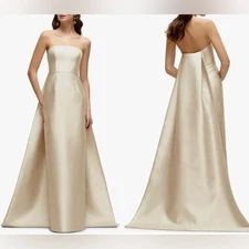 NEW Alfred Sung Strapless Satin Twill Column Gown Removable Train Sz 4 Champagne