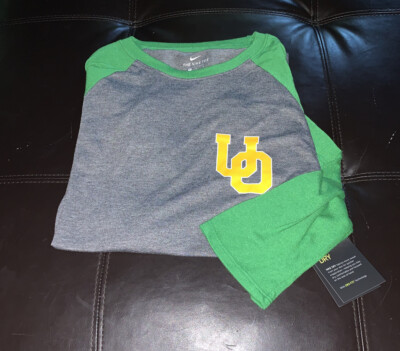 Nwt Nike Drifit Oregon Ducks OU Raglan Tshirt Womens Size Small Gray Green R5