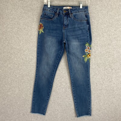 Royalty For Me Jeans Women's 4 Blue Embroidered Mid Rise Raw Hem Med Wash Denim