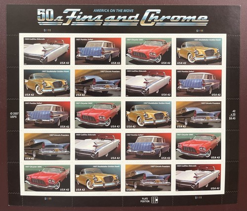 AMERICA ON THE MOVE 50s FINS AND CHROME 42 CENT STAMP SHEET 20 AUTOS SC#4353 MNH - Picture 9 of 13