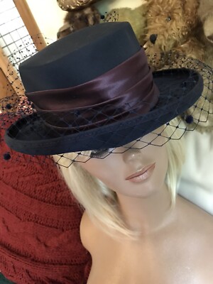 VINTAGE HATBOX NAVY WEDDING HAT BRIM PURPLE SATIN
