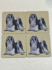 Shih Tzu Dog Coasters Set 4 Black White Puppy Painting Fabric  Zeppa Studios Art