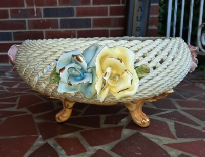 Rare Large Capodimonte Porcelain Footed Bowl Lattice Roses Italy Stile #812 