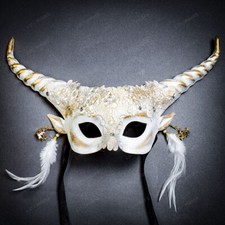 Women Fairy brocade lace Masquerade Ball Mask w/ Horns Halloween Dress up White