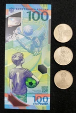 Russia 100 Rubles 2018 and Three Coins Set World Cup FIFA 2018 UNC