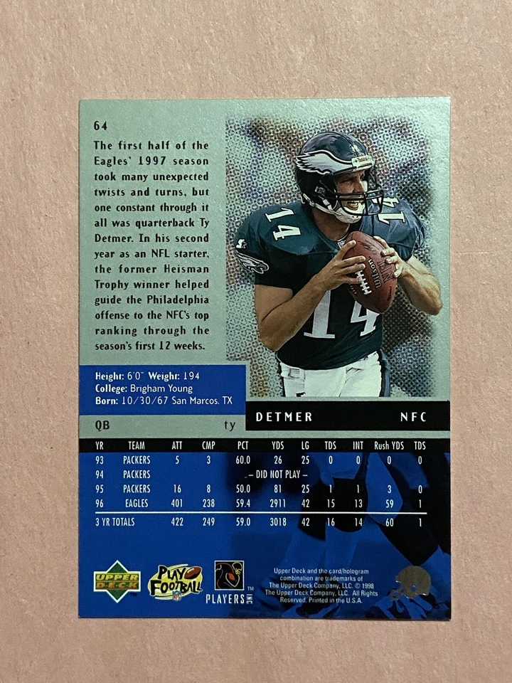 Ty Detmer 1997 Up Deck Black Diamond IP Auto Autograph - Image 2 of 2