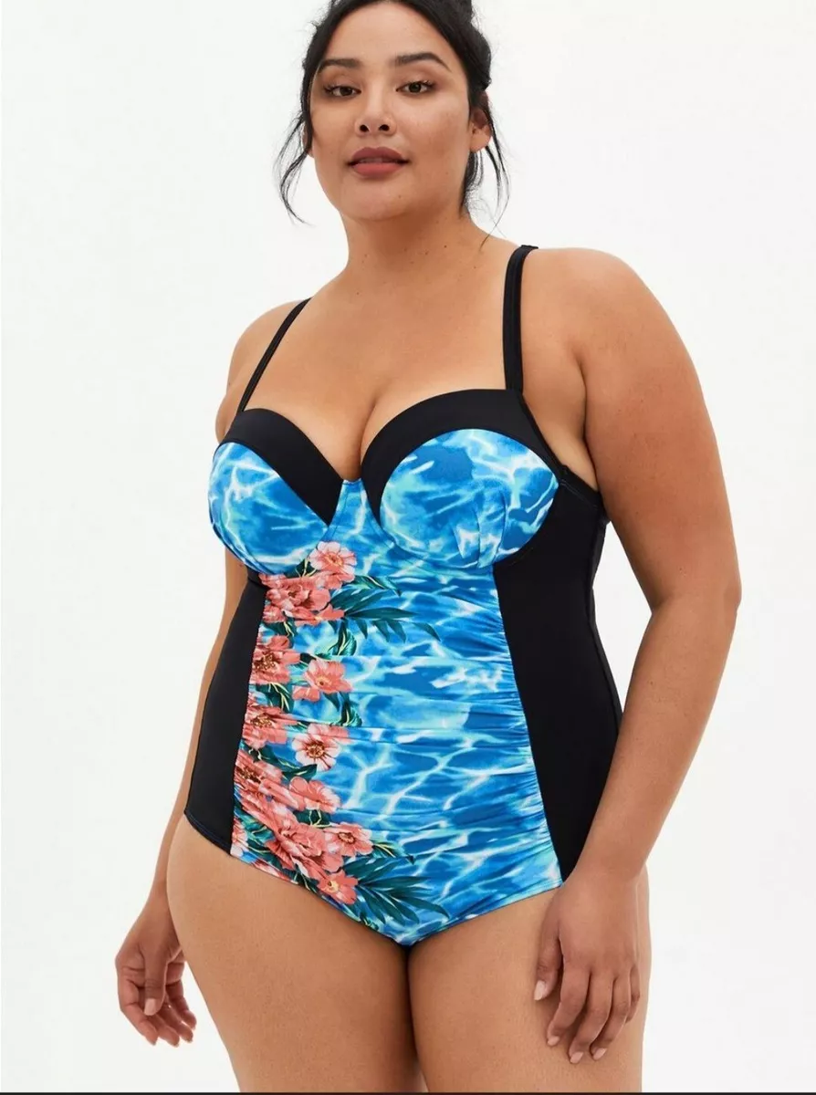 2X 2 TORRID One Piece Swimsuit Slim Fix Underwire Strappy Black tropical D  / DD