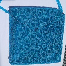 ANTIQUE CARNIVAL GLASS BEADED VINTAGE PURSE VELVET LINED BLUE IRIDESCENT