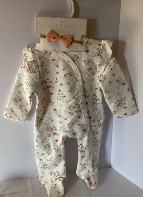 Shabby Chic Baby Girl Footed Sleepsuit with Headband - Size 0-3M