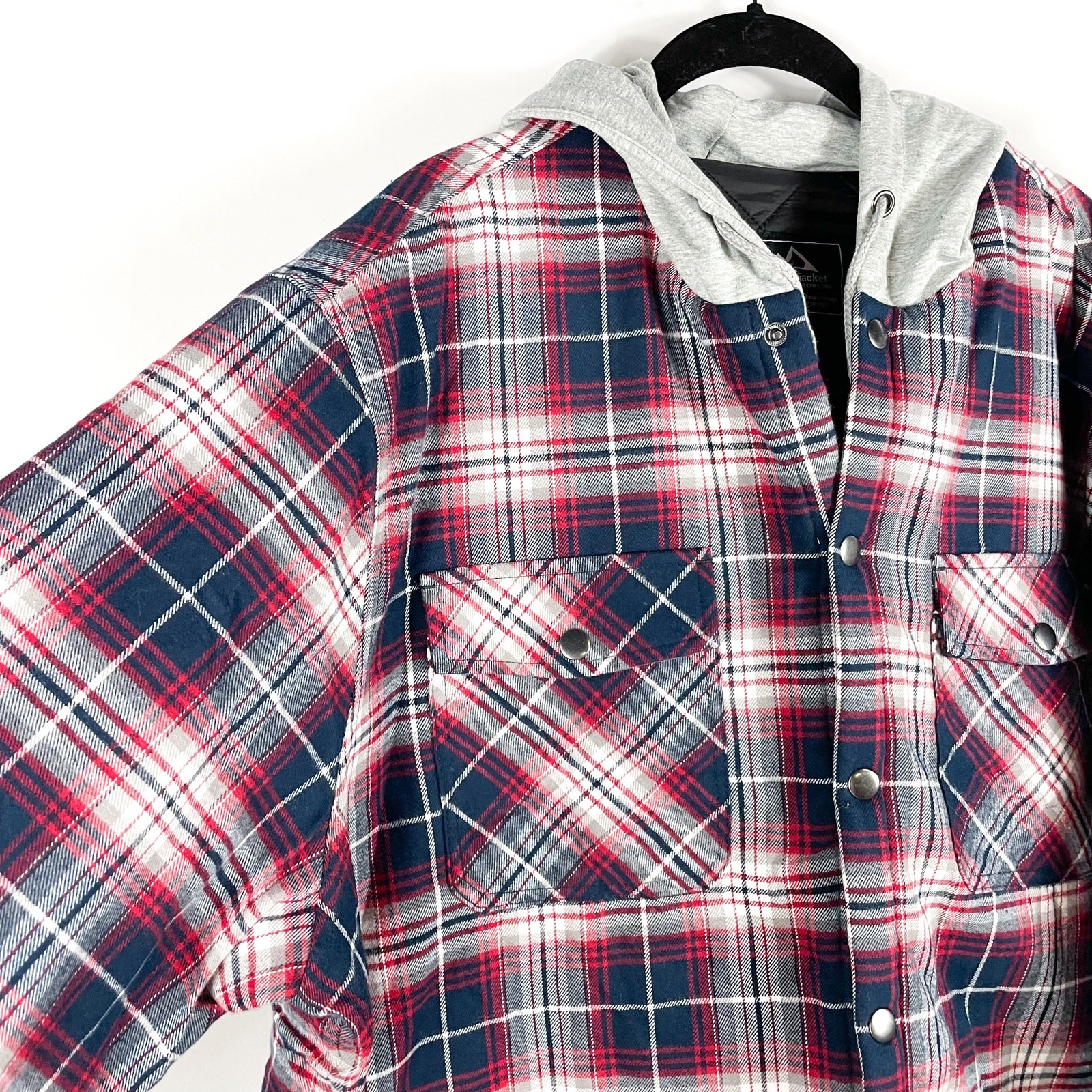 Tacvasen Flannel Jacket Red Blue White Plaid Layered Gray Hood Sz 2XL Men's
