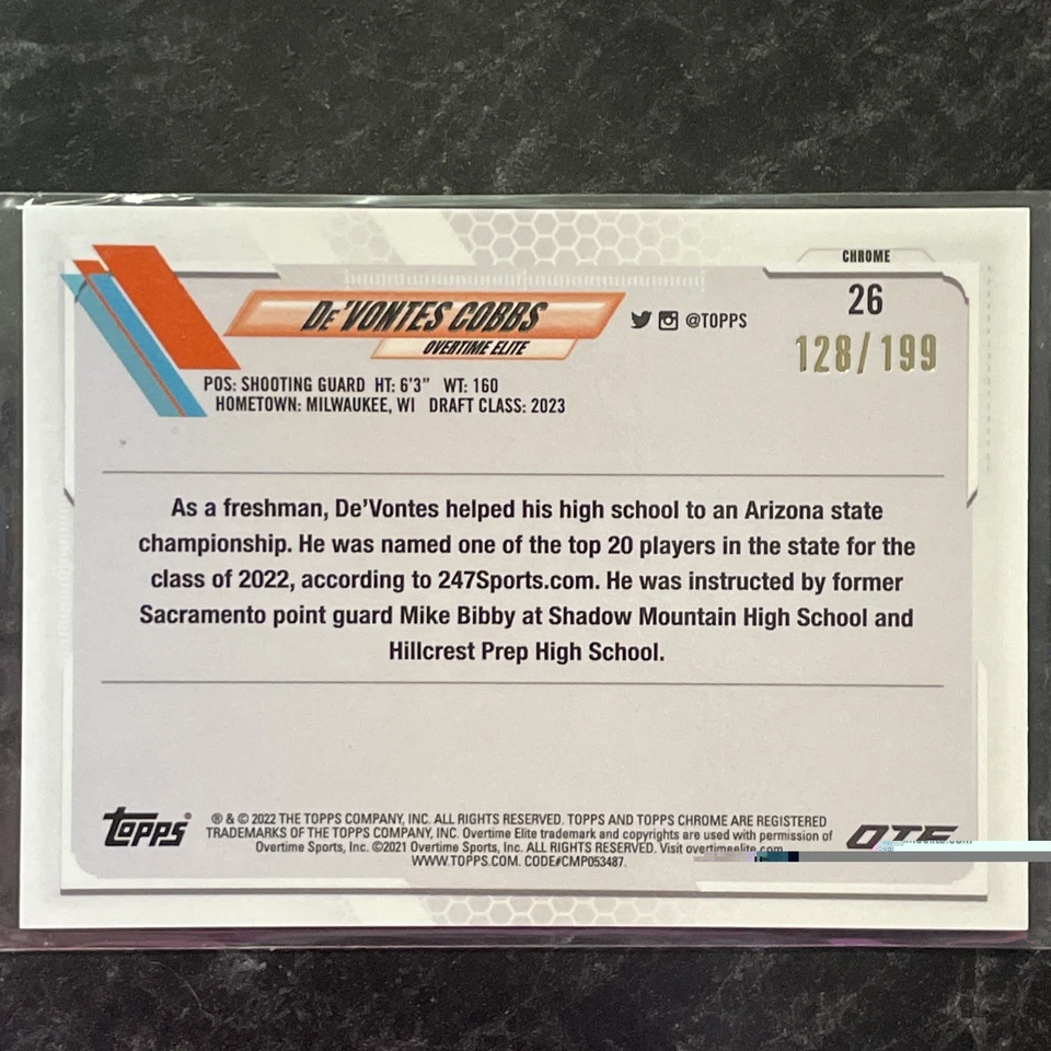 2022 Topps Chrome Overtime Elite OTE DeVontes Cobbs RC Aqua refractor/199 - Image 2 of 3