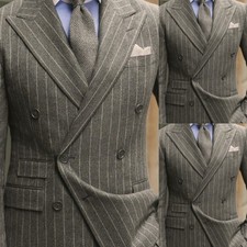 Gray Men's Suits Wool Striped Jacket 2PCS Peak Lapel Business Formal Tuxedos