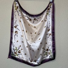 VTG Silky Cottage Core Floral Purple  White Square Neck Scarf