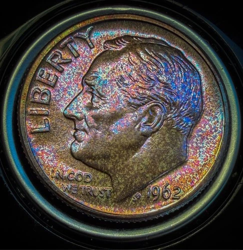 1962 Roosevelt Dime 90% Silver Rainbow Toned Coin 10C