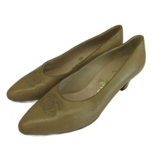 Chanel Pumps Leather Pointed Toe Middle Heel Beige Women's Size EU36.5/US6.5