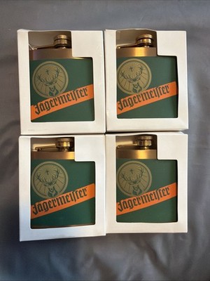 Lot Of 4 Jagermeister 5oz Flask Green/Brass Metal Liquor Pocket Flask W/ Funnel