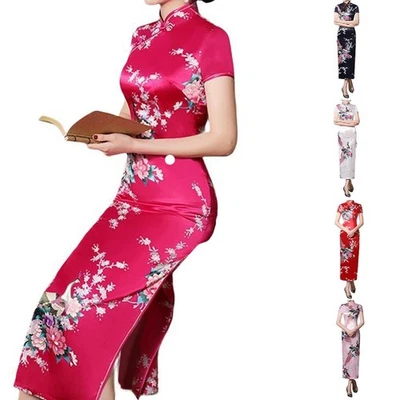 Chinesischer Druck Damen Cheongsam traditionelles langes Kleid schmal geschlitzt - Bild 1 von 4