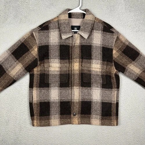 Banana Republic Jacket Mens Medium Brown Plaid Wool Blend Full Zip Pockets EUC image 2