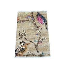 2'x3' Light Brown Hand Knotted Sparrows on the Tree Peshawar Wool Mat Rug 22594