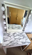 White & Grey Dressing Table Vanity, Rectangular Mirror, Marble Top, 1 Drawer