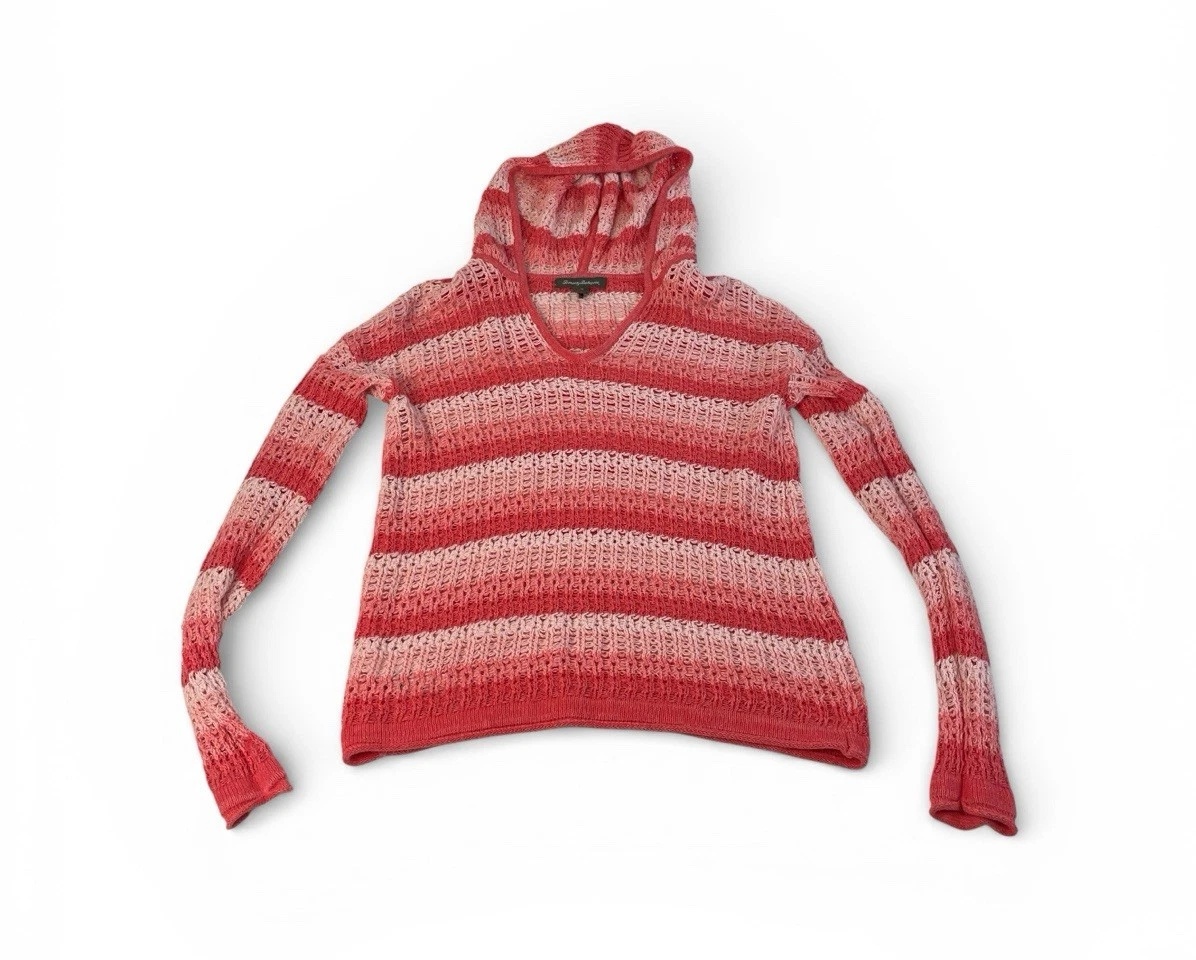 Tommy Bahama Linen Cotton Hooded knit Sweater S Coral Stripe