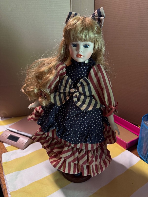 J.C. Penney Porcelain Doll 19" with wooden stand- USA Theme