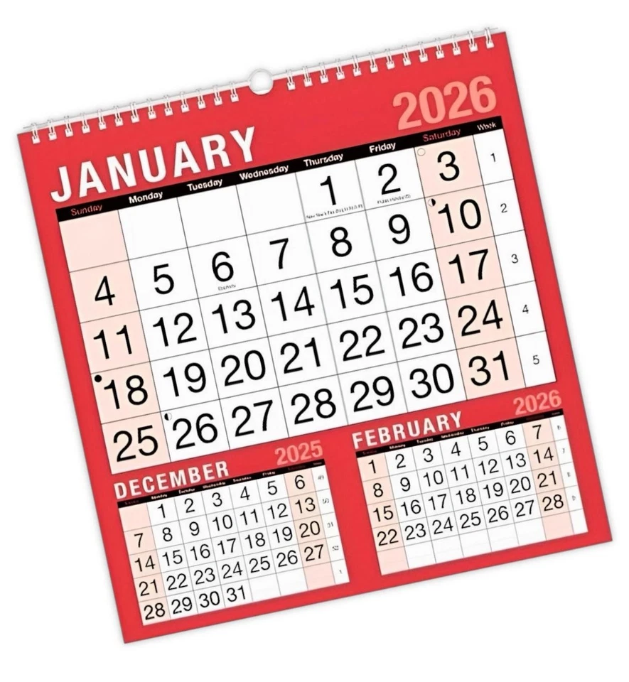 PSO 2026 3 Months to View Spiral Bound Wall Calendar Red and White - 60 gsm Paper