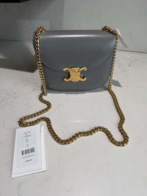 Celine Triomphe Besace Clea Chain Flap Bag Leather Grey NEW $4100 Authentic
