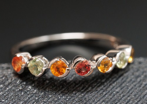 Size 9.25 Fancy Color Green Yellow Orange Sapphire Band Sterling Silver Ring - Picture 5 of 9