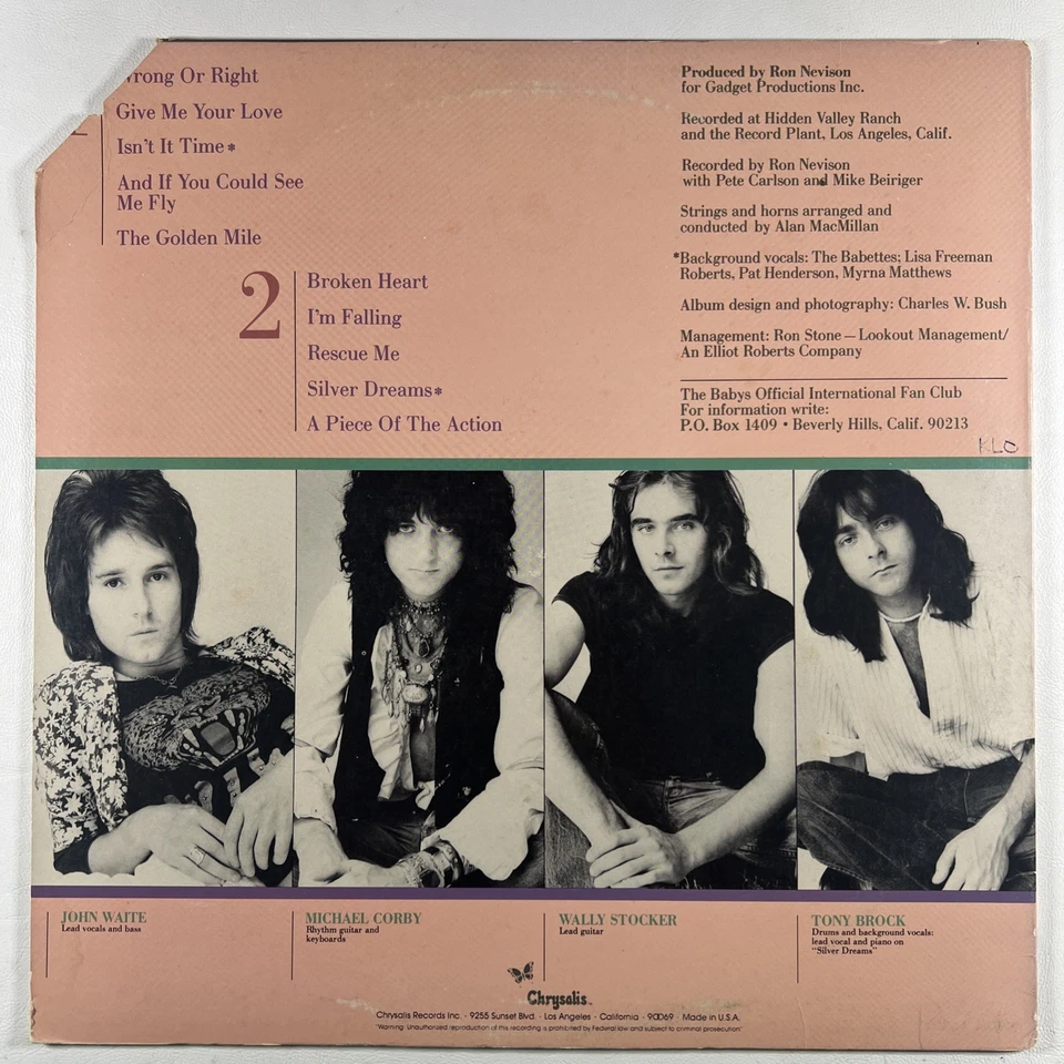 The Babys “Broken Heart” LP/Chrysalis CHR 1150 (EX) 1977 - Image 2 of 4
